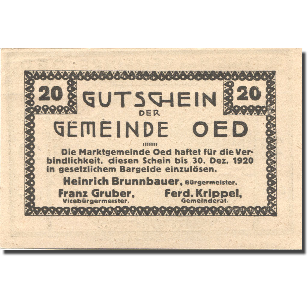 Banknote, Austria, Oed, 20 Heller, agriculteur, 1920 UNC(63) Mehl:FS 703a
