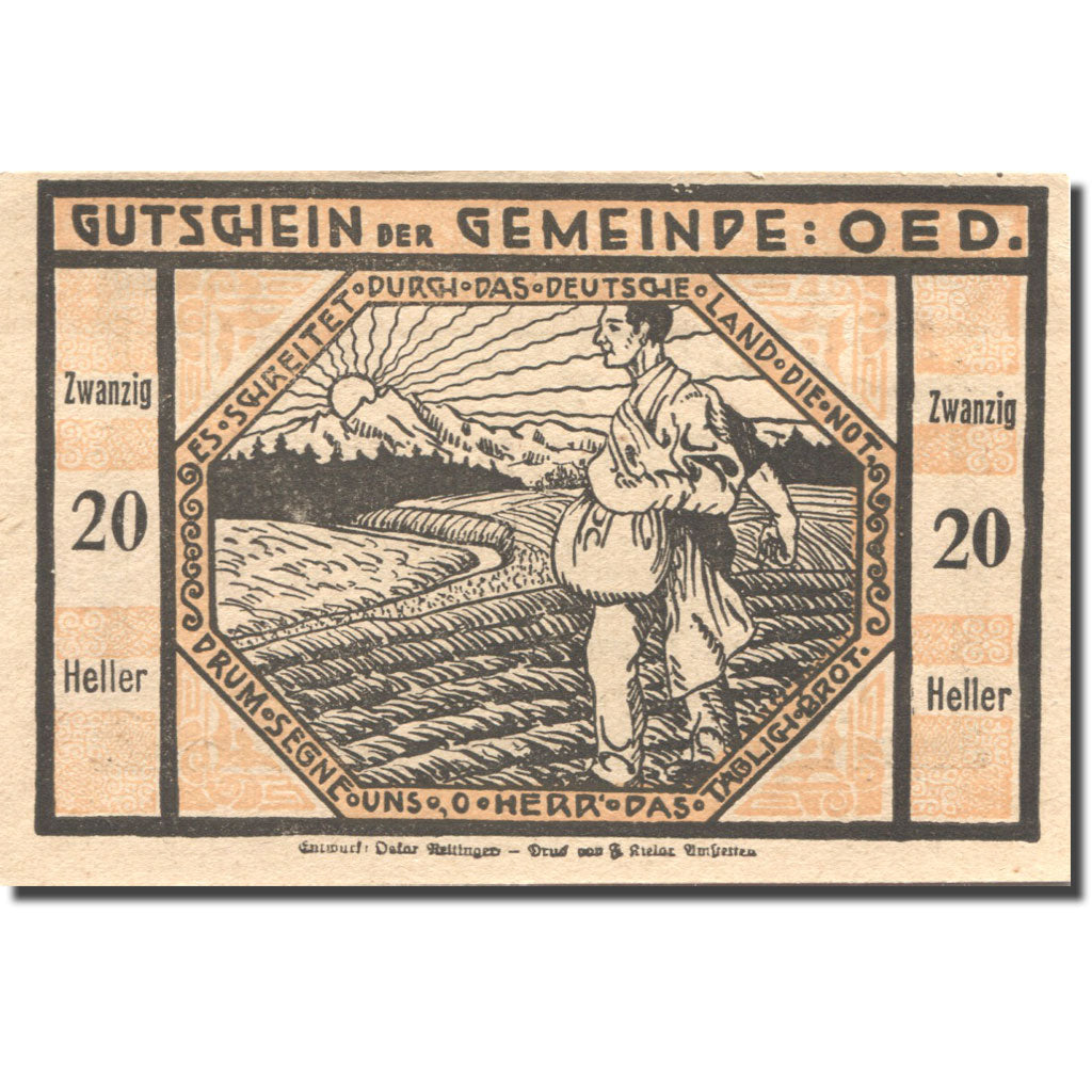 Banknote, Austria, Oed, 20 Heller, agriculteur, 1920 UNC(63) Mehl:FS 703a