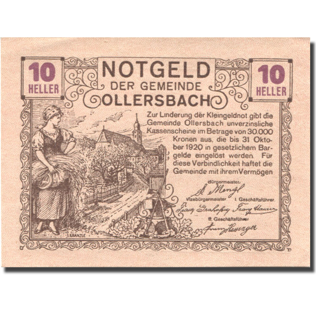 Billet, Autriche, Ollersbach, 10 Heller, agriculteur, 1920, SPL Mehl:FS 709a