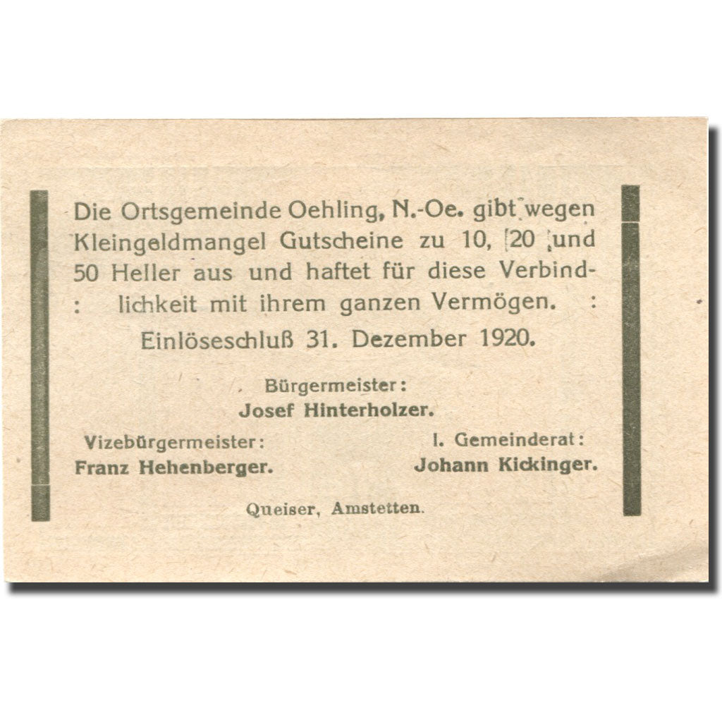 Geldschein, Österreich, Oehling, 10 Heller, village, 1920 UNZ- Mehl:FS 707A