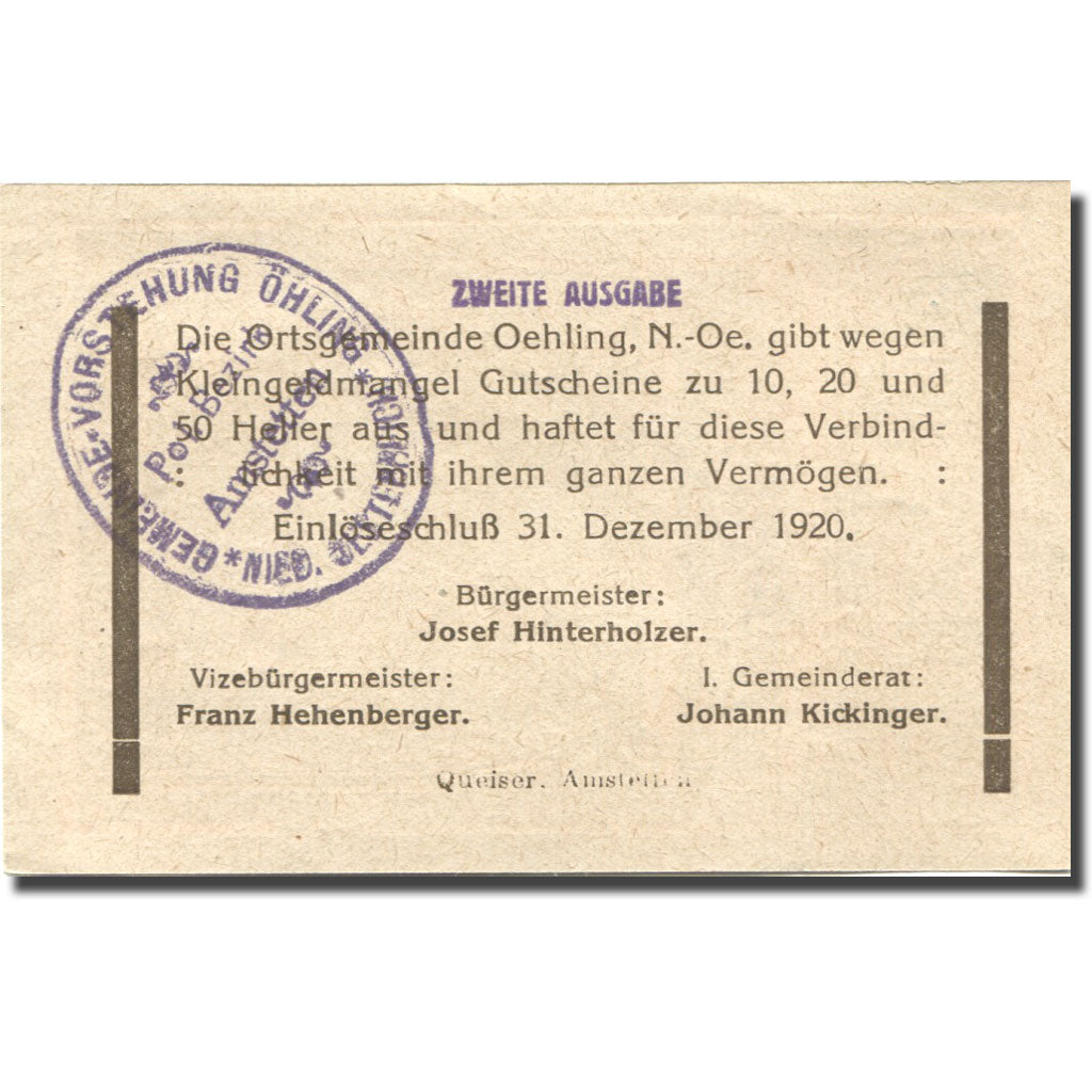Banconote, Austria, Oehling, 50 Heller, village 1920-12-31, SPL Mehl:FS 707A