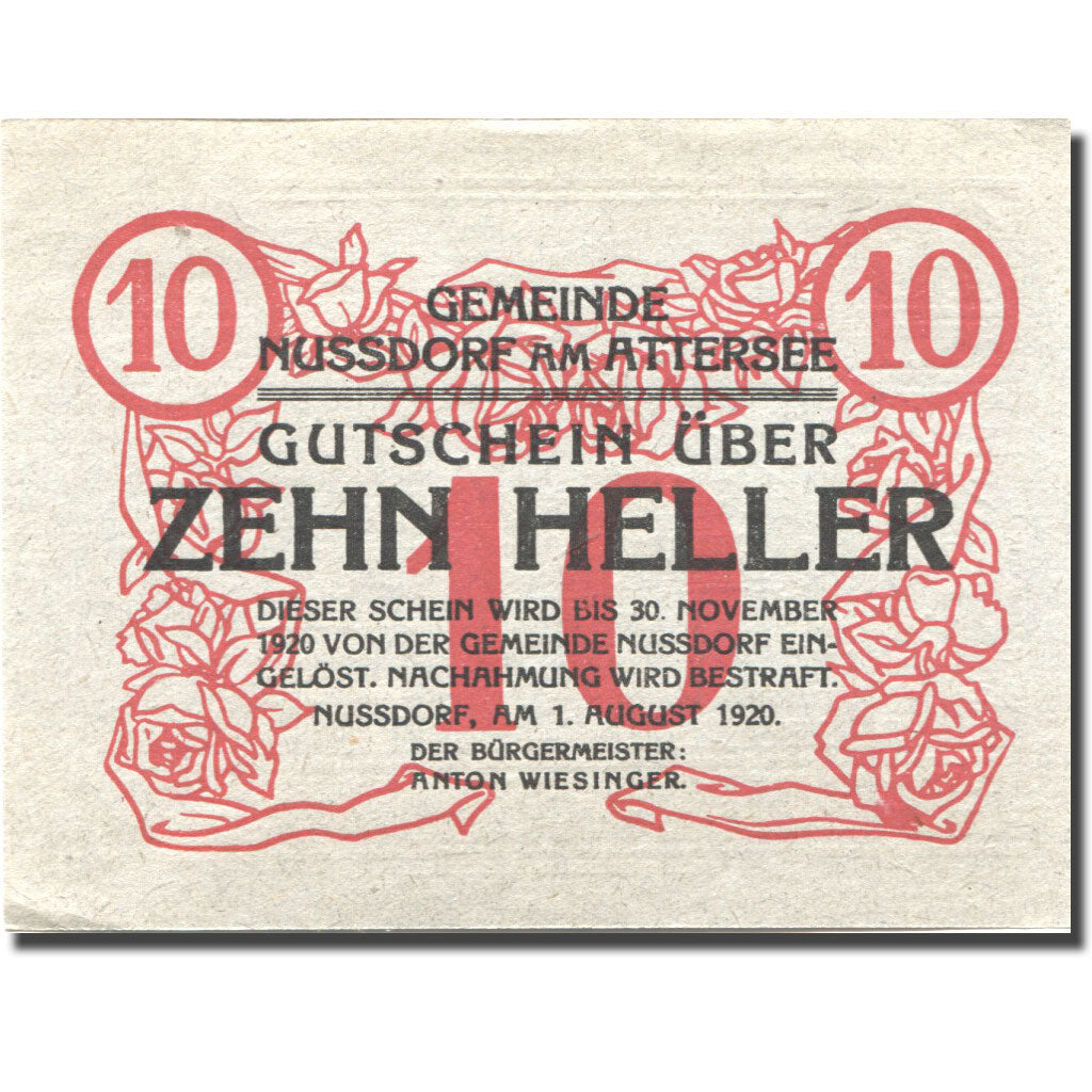 Geldschein, Österreich, Nussdorf, 10 Heller, bateau, 1920-11-30 VZ+ Mehl:FS 677a