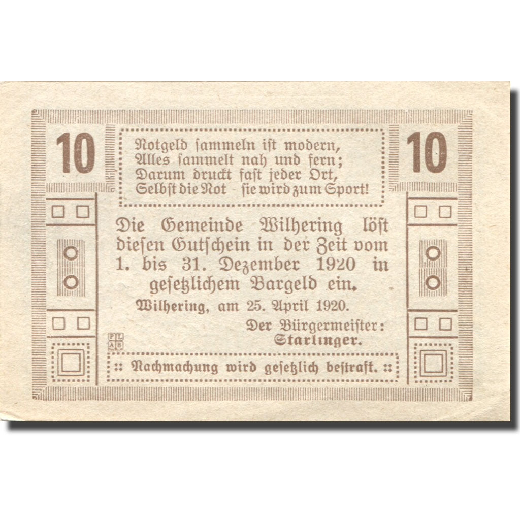 Billet, Autriche, Wilhering, 10 Heller, Eglise 1920-12-31, SPL Mehl:FS 1236