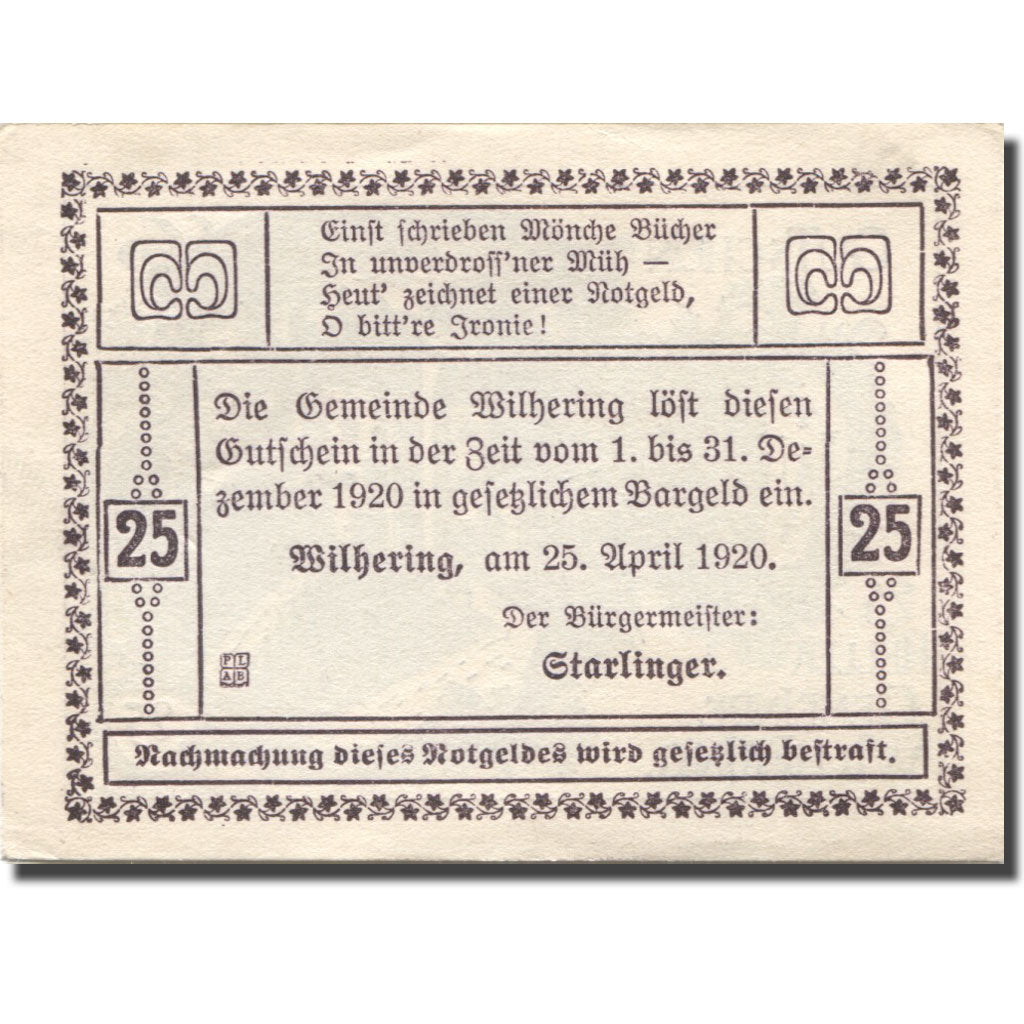 Geldschein, Österreich, Wilhering, 25 Heller, château, 1920, UNZ- Mehl:FS 1236