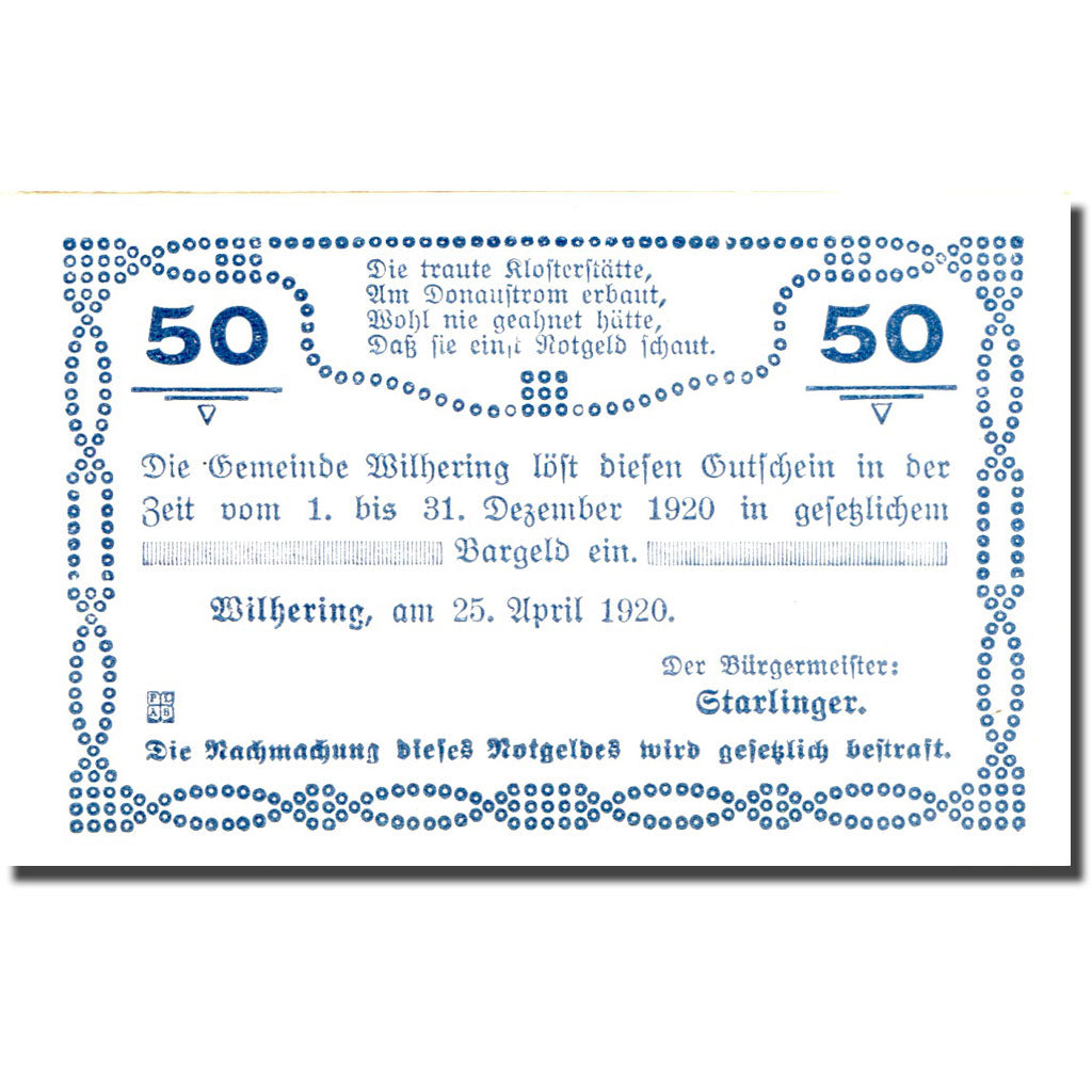 Billet, Autriche, Wilhering, 50 Heller, château 1920-12-31, SUP Mehl:FS 1236