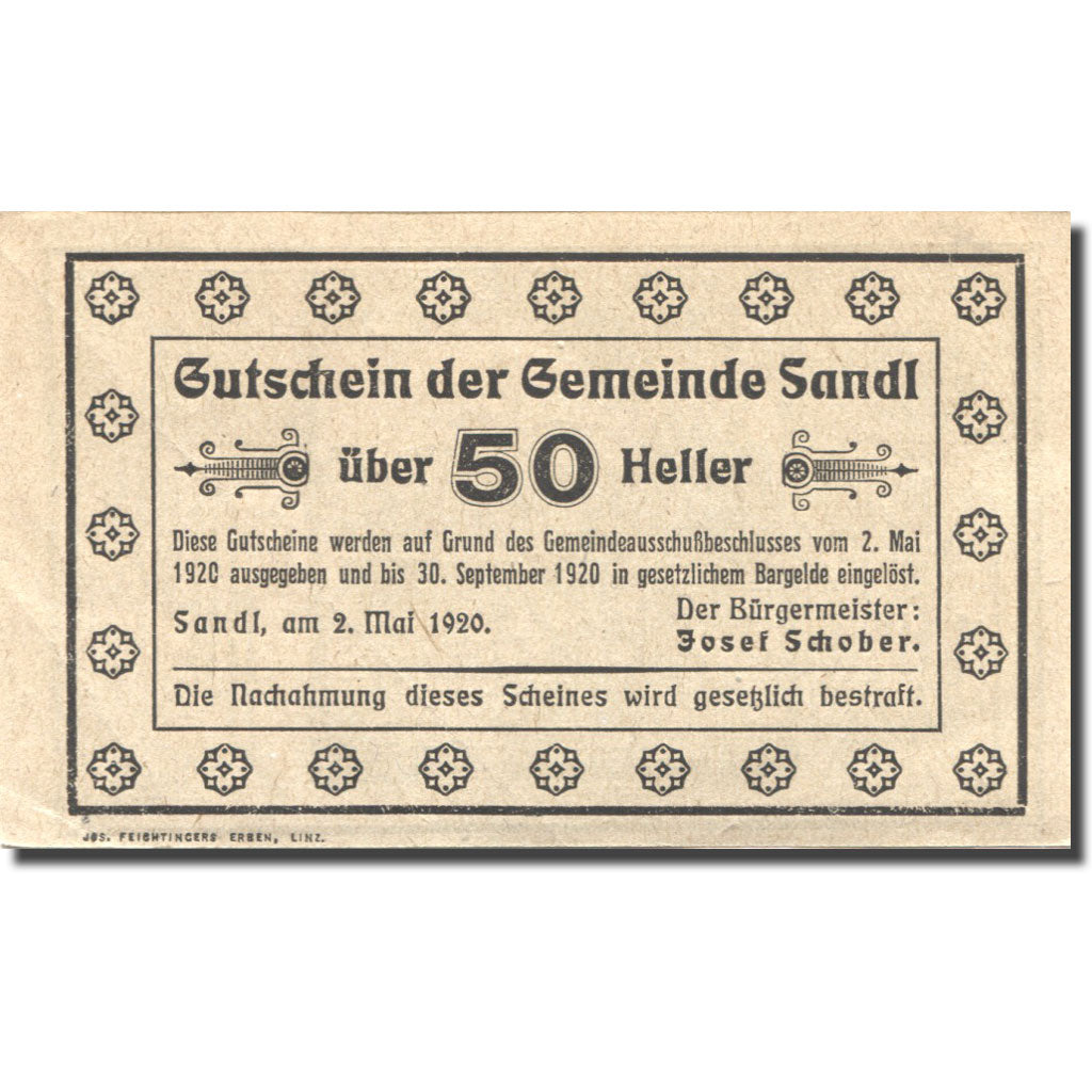 Banconote, Austria, Sandl, 50 Heller, Forêt 1920-09-30, SPL Mehl:FS 874Ia