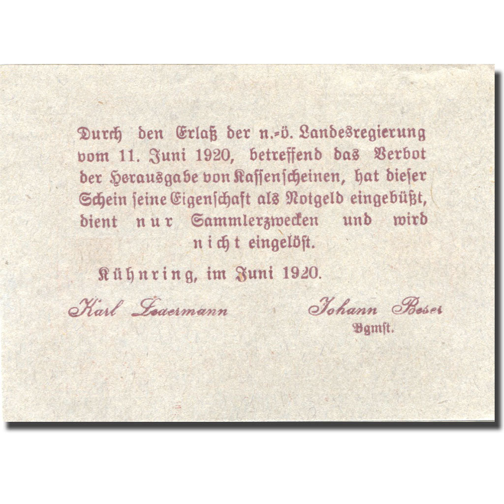 Banconote, Austria, Kühnring, 20 Heller, Eglise 1920-12-31, SPL Mehl:FS 489f