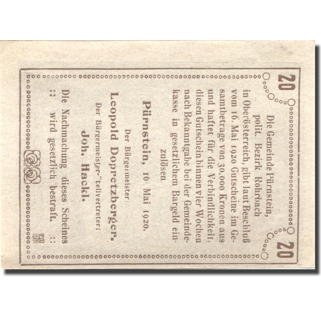 Geldschein, Österreich, Pürnstein 20Heller Chemins de Fer 1920 UNZ Mehl:FS 802a