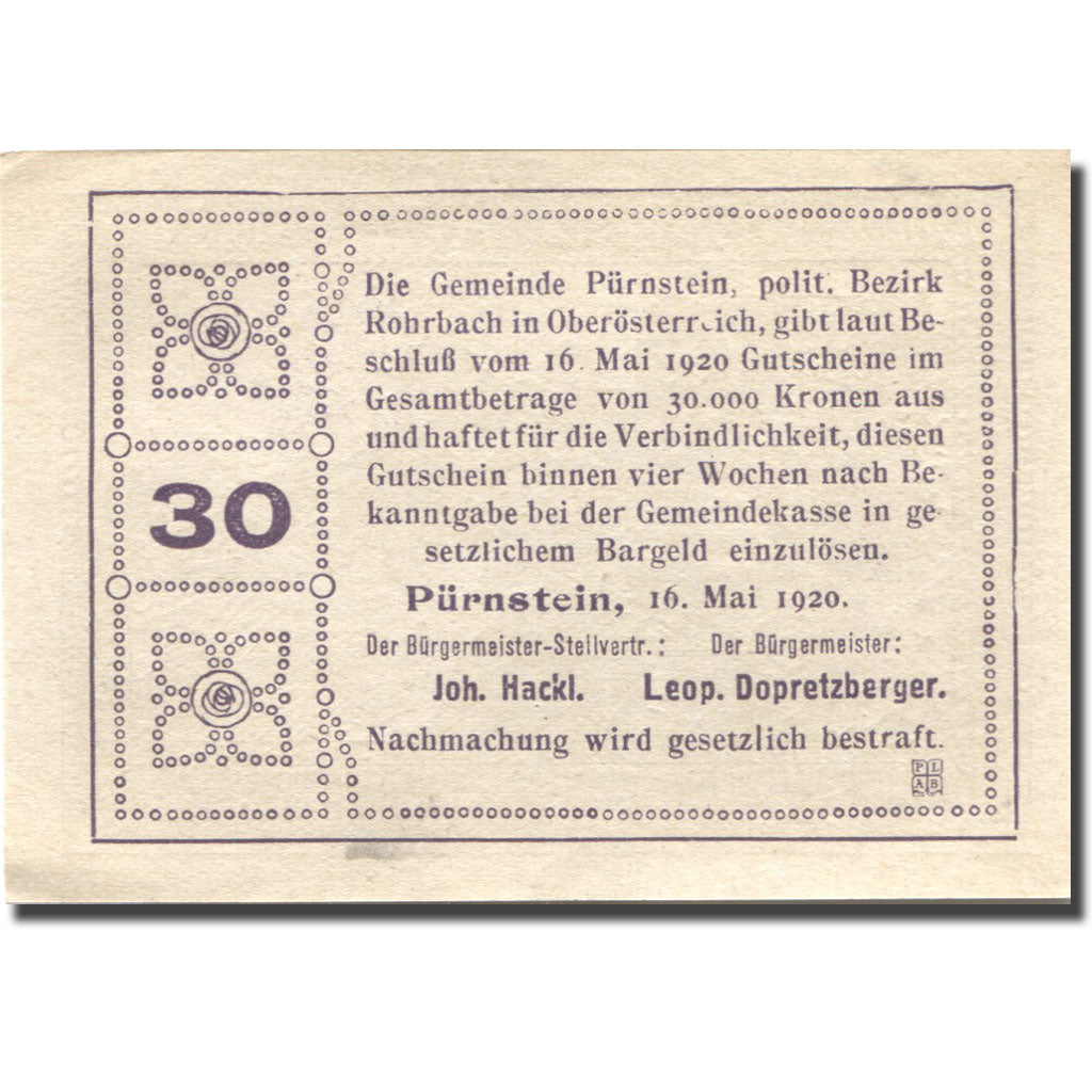 Banconote, Austria, Pürnstein, 30 Heller, château, 1920 SPL Mehl:FS 802a