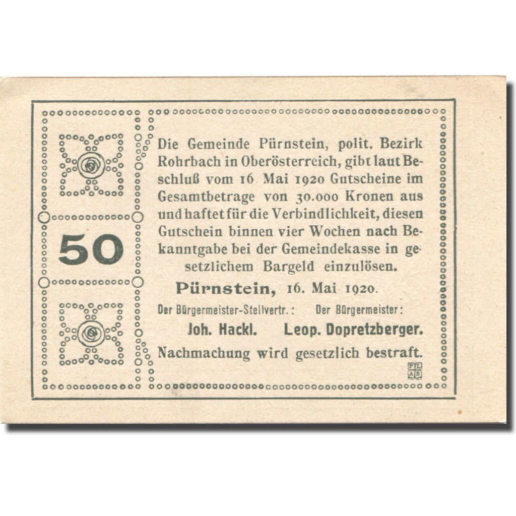 Geldschein, Österreich, Pürnstein, 50 Heller, village, 1920 UNZ- Mehl:FS 802a