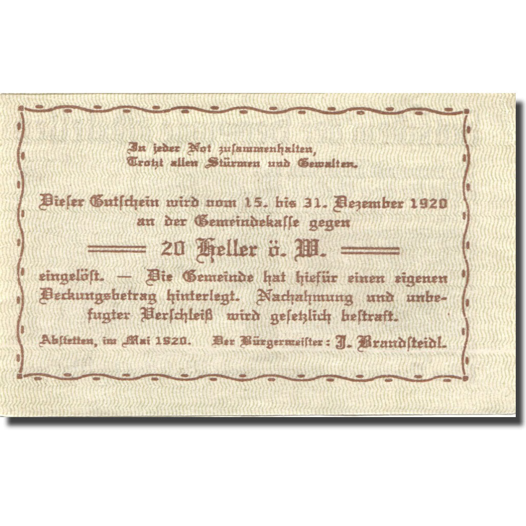Geldschein, Österreich, Abstetten, 20 Heller, château, 1920, UNZ- Mehl:FS 2a