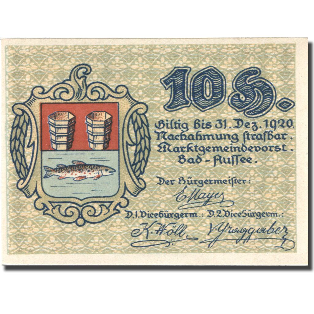 Biljet, Oostenrijk, Bad Aussee, 10 Heller, personnage 1920-12-31, SPL Mehl:FS 73