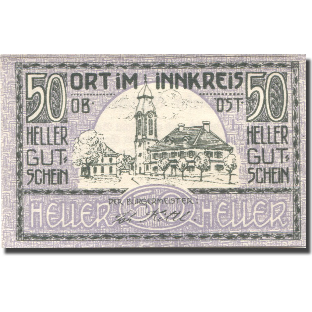 Banconote, Austria, Ort im Innkreis, 50 Heller, Eglise, 1920 SPL Mehl:FS 711a