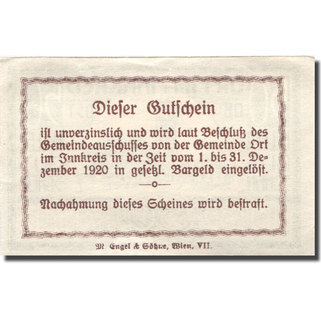 Banconote, Austria, Ort im Innkreis, 50 Heller, Eglise, 1920 SPL Mehl:FS 711a