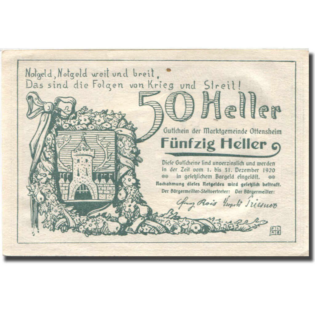 Banconote, Austria, Ottensheim, 50 Heller, château, 1920 SPL Mehl:FS 717