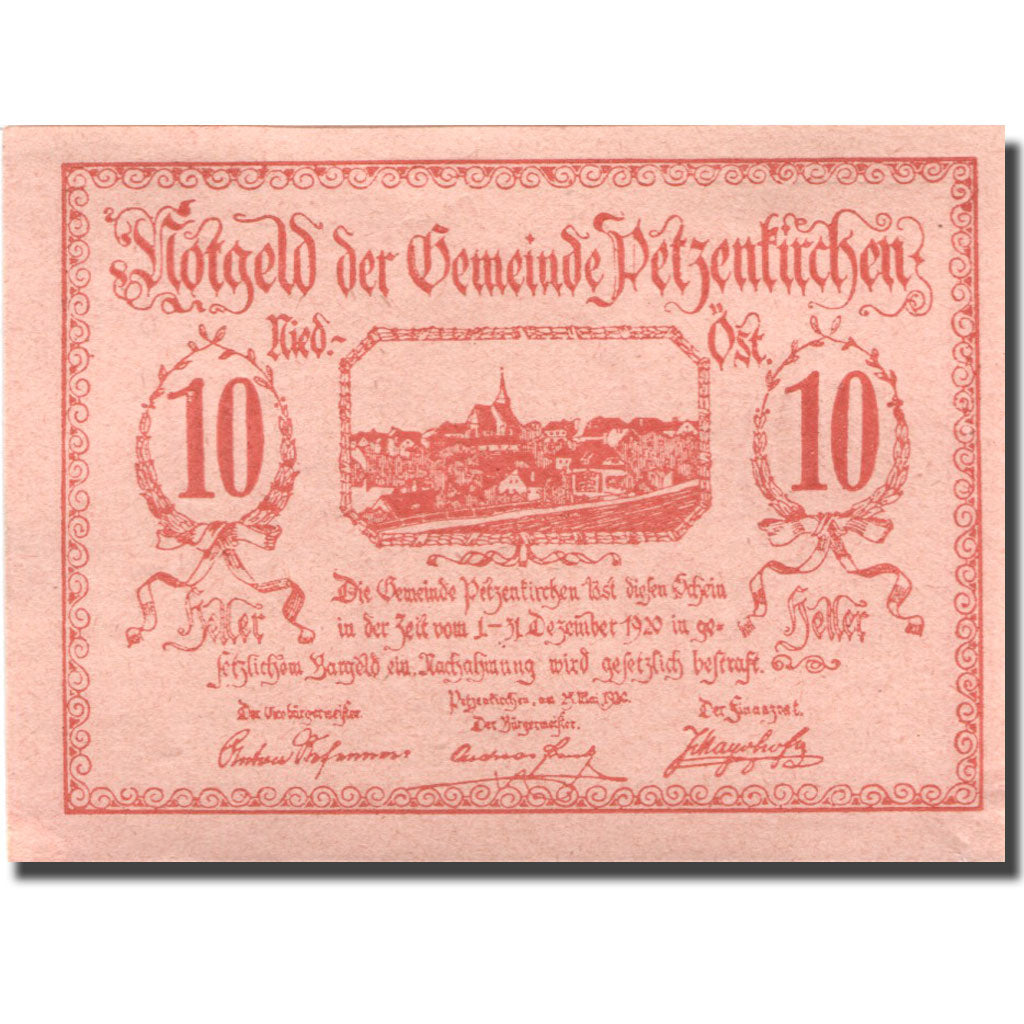 Banconote, Austria, Petzenkirchen, 10Heller, village, 1920 pink SPL Mehl:FS 740a