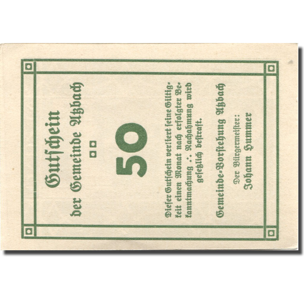 Geldschein, Österreich, Atzbach, 50 Heller, château, UNZ- grün Mehl:FS 62a