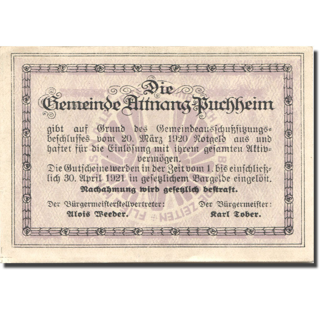 Billet, Autriche, Attnang-Puchheim, 50 Heller, village, 1921 SPL Mehl:FS 61IA1