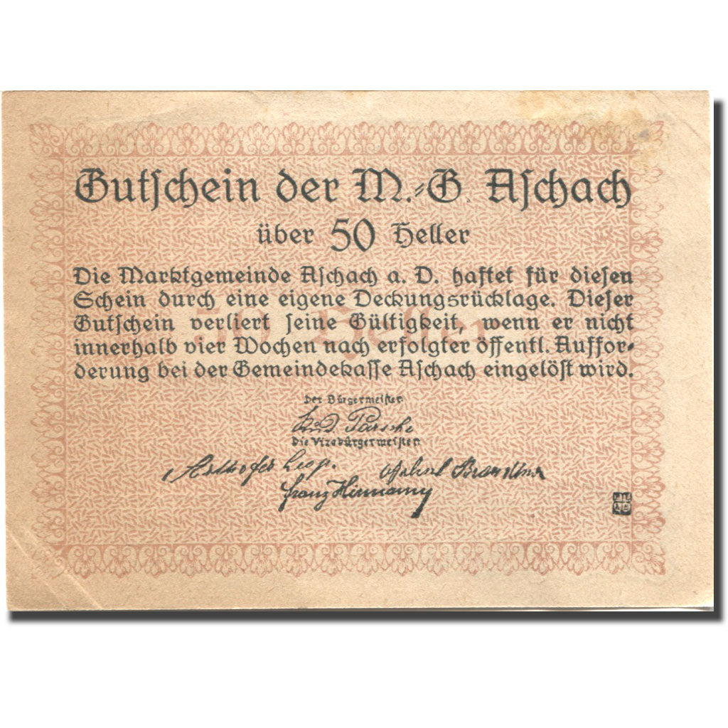 Nota, Áustria, Aschach a/d Donau, 50 Heller, fleuve, AU(55-58) Mehl:FS 53IIb12