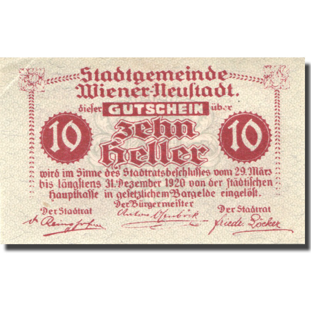 Banconote, Austria, Neustadt, 10 Heller, château, 1920, SPL Mehl:FS 1230b