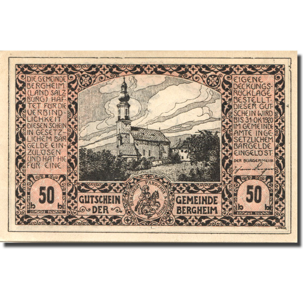 Banconote, Austria, Bergheim, 50 Heller, Eglise 1920-10-31, SPL Mehl:FS 821a