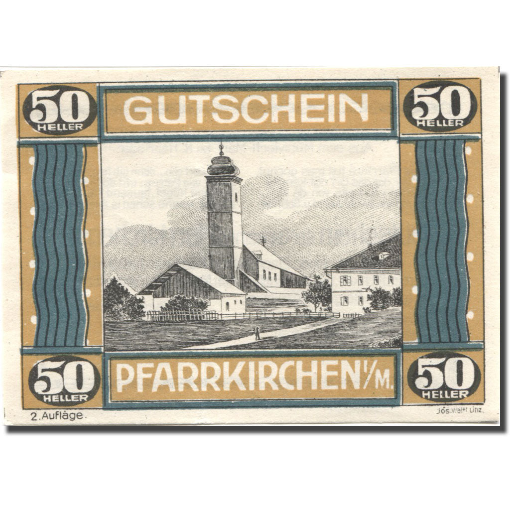 Banconote, Austria, Pfarrkirchen 50 Heller, Eglise, SPL Mehl:FS 744IIb