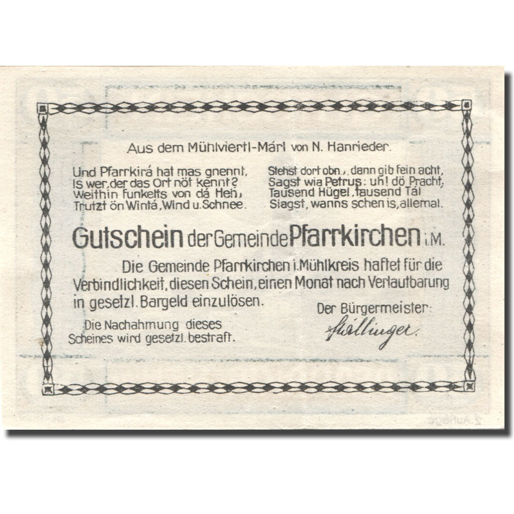 Banconote, Austria, Pfarrkirchen 50 Heller, Eglise, SPL Mehl:FS 744IIb