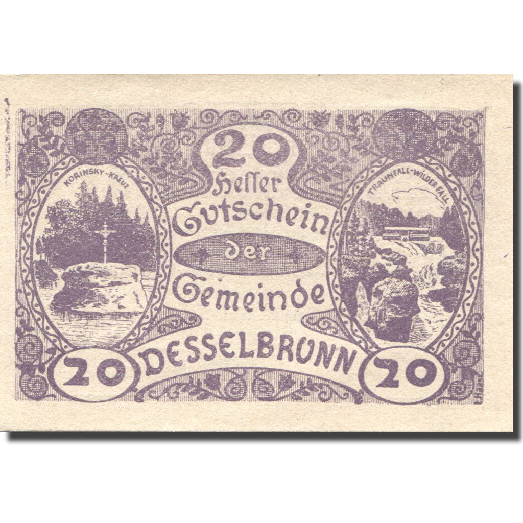 Banconote, Austria, Desselbrunn, 20 Heller, Monument, 1920 SPL Mehl:FS 119a