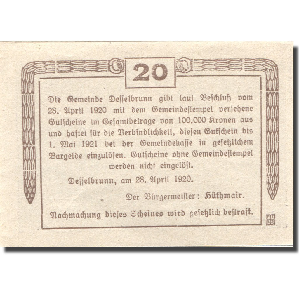 Banconote, Austria, Desselbrunn, 20 Heller, Monument, 1920 SPL Mehl:FS 119a