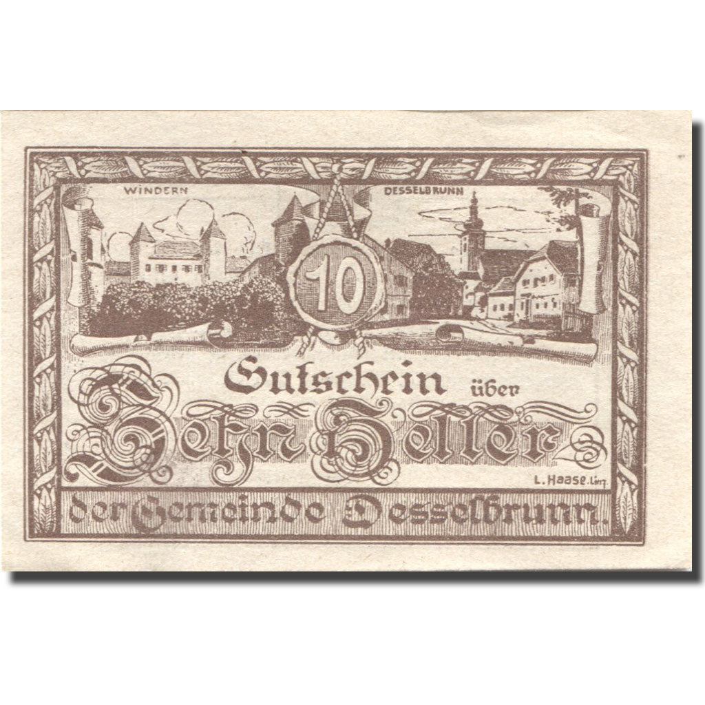 Banconote, Austria, Desselbrunn, 10 Heller, village, 1920 SPL Mehl:FS 119a