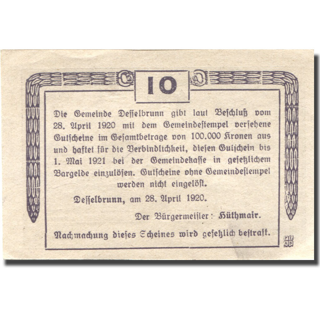 Banconote, Austria, Desselbrunn, 10 Heller, village, 1920 SPL Mehl:FS 119a