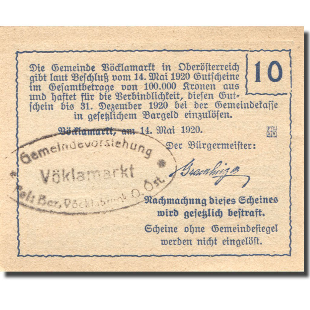 Geldschein, Österreich, Vöcklamarkt 10 Heller paysage 1920 UNZ Mehl:FS 1117IIa
