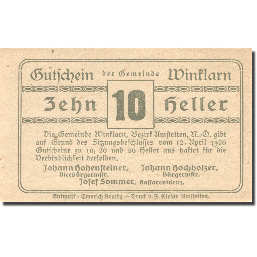 Banconote, Austria, Winklarn, 10 Heller, Eglise, 1920,  SPL Mehl:FS 1246d