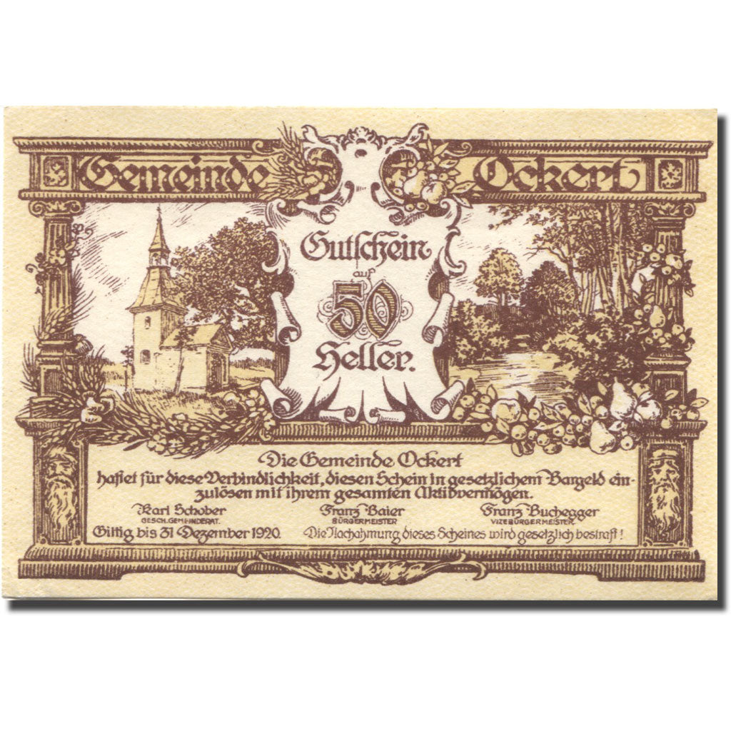 Banconote, Austria, Ockert, 50 Heller, Eglise 1920-12-31, SPL, Mehl:FS 702a