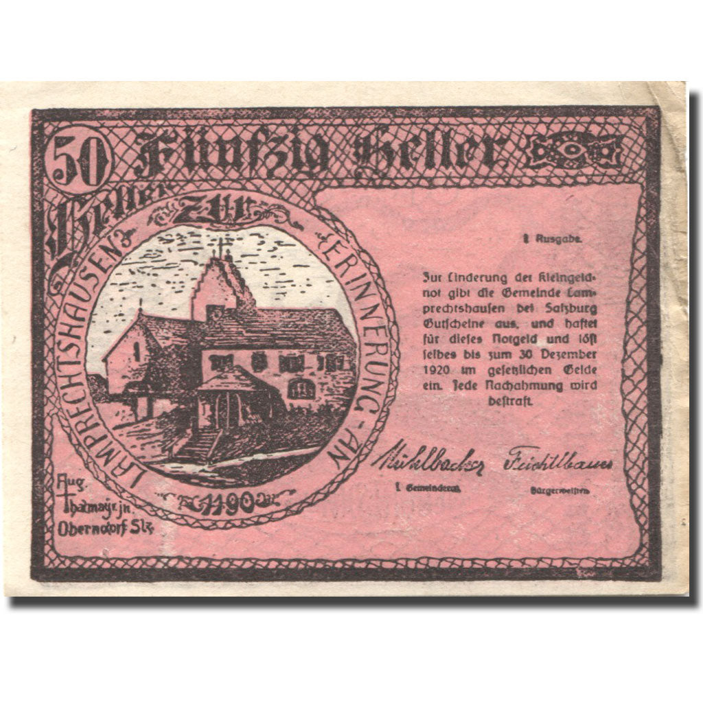 Billet, Autriche, Lamprecht, 50 Heller, Eglise 1920-12-30, TTB+ Mehl:FS 498