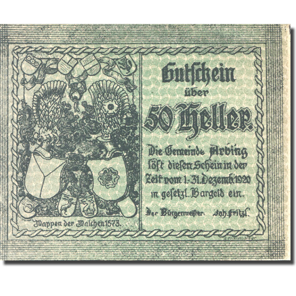 Banconote, Austria, Arbing, 50 Heller, Blason 1 1920-12-31, SPL Mehl:FS 49c