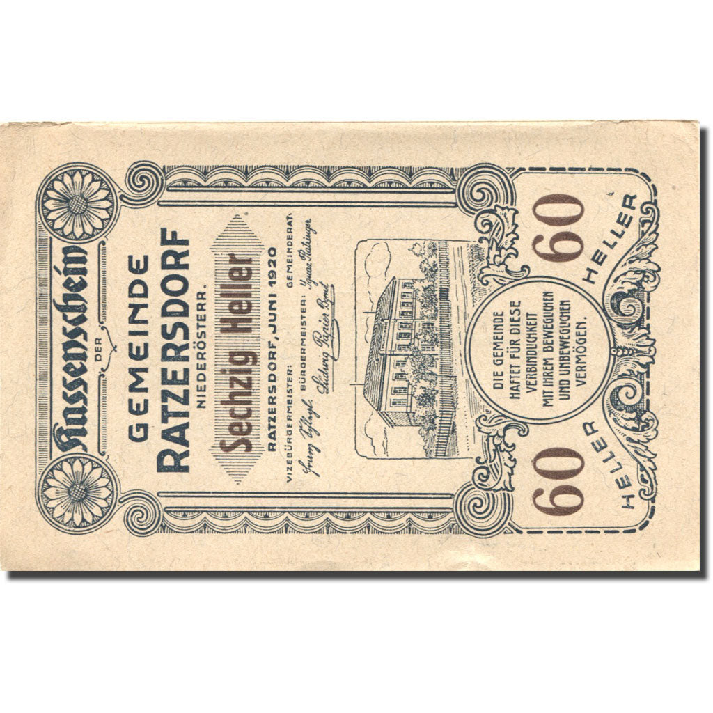 Biljet, Oostenrijk, Ratzersdorf, 60 Heller, mairie, 1920, SUP Mehl:FS 822