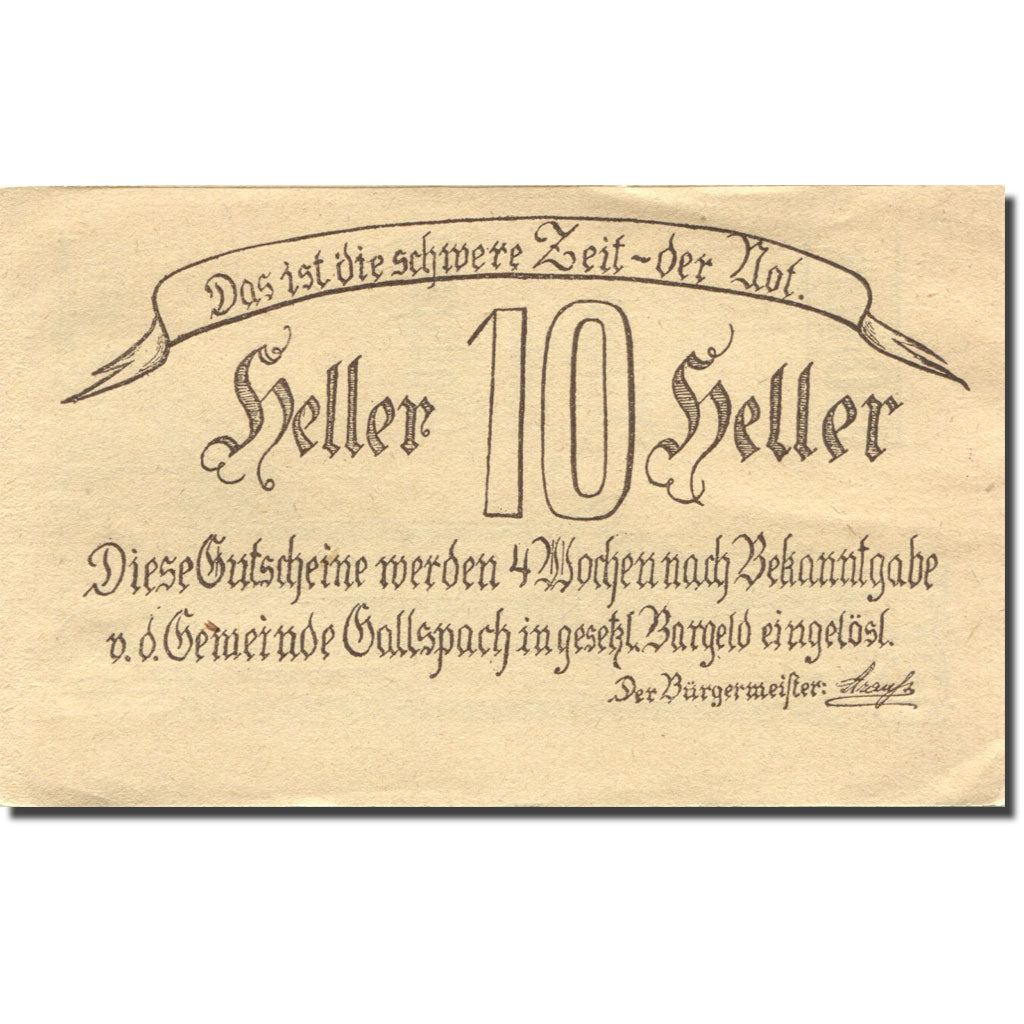 Banconote, Austria, Gallspach, 10 Heller, Monument, 1920, SPL-, Mehl:FS 219b