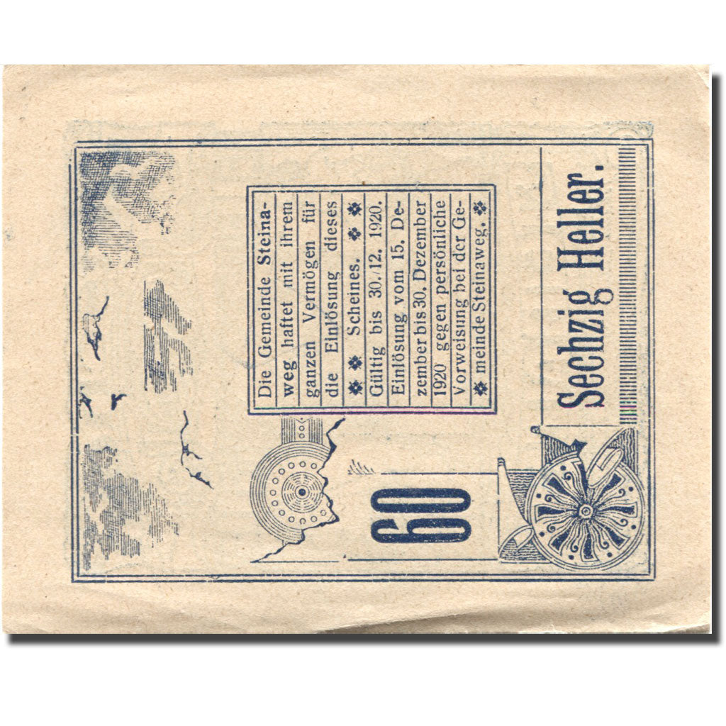 Banconote, Austria, Steinaweg, 60 Heller, personnage, 1920, SPL- Mehl:FS 1023