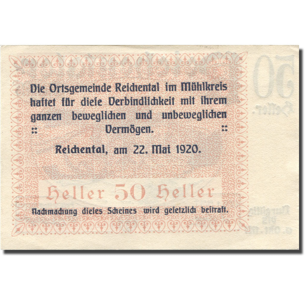 Billet, Autriche, Reichental, 50 Heller, château, SPL, Mehl:FS 827Ia