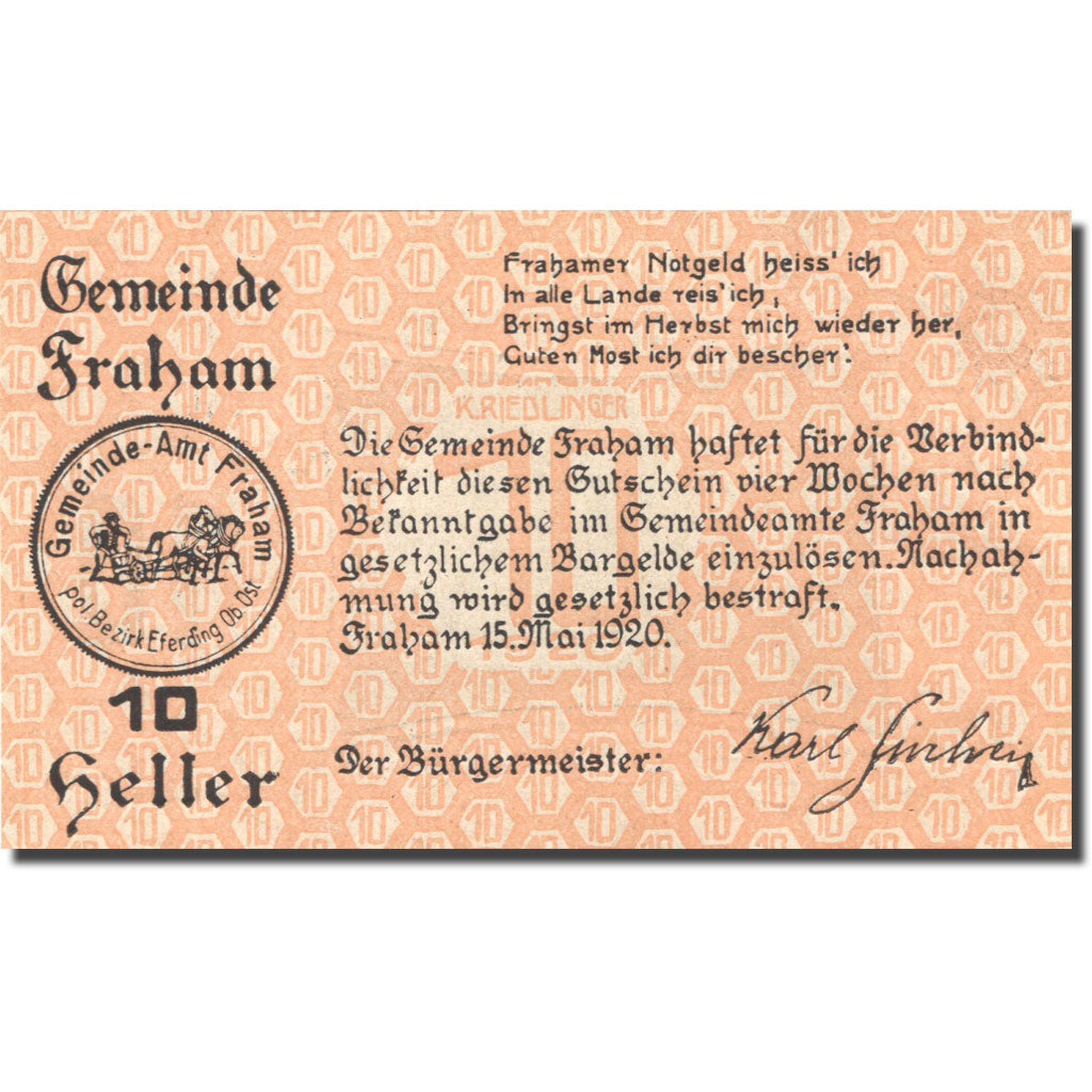 Billet, Autriche, Fraham, 10 Heller, ferme, 1920, 1920-05-15, SPL, Mehl:FS 205b