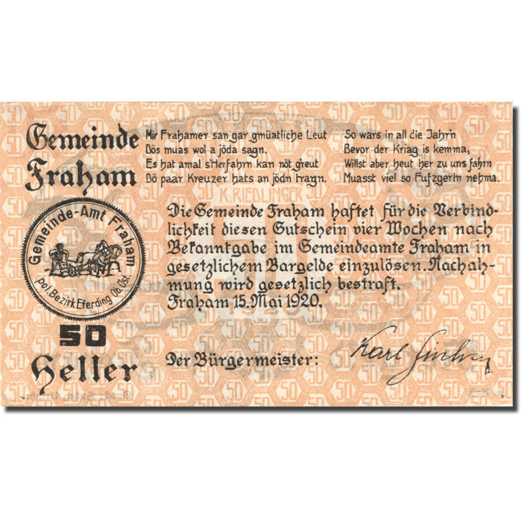 Billet, Autriche, Fraham, 50 Heller, Forêt, 1920, 1920-05-15, SUP+, Mehl:FS 205b