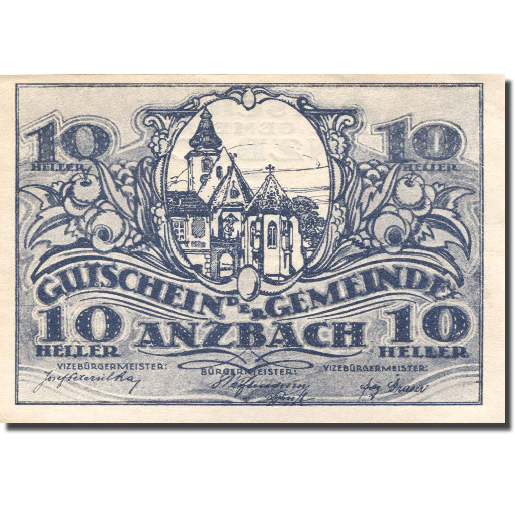 Banconote, Austria, Anzbach, 10 Heller, château, 1921, SPL, Mehl:FS 48IIAb