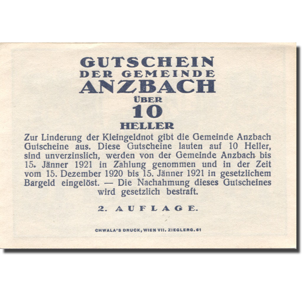 Banconote, Austria, Anzbach, 10 Heller, château, 1921, SPL, Mehl:FS 48IIAb