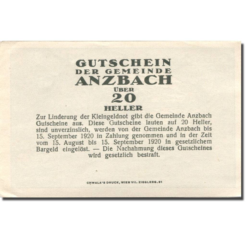 Banconote, Austria, Anzbach, 20 Heller, pont 1920-09-15, SPL- Mehl:FS 48IBd