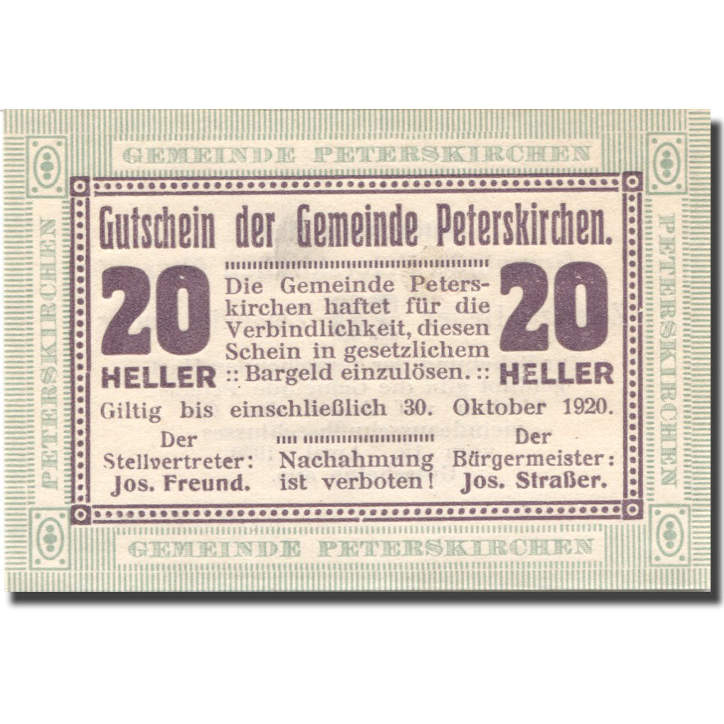 Billete, Austria, Peterskirchen, 20Heller, valeur faciale, 1920 SC Mehl:FS 736bB
