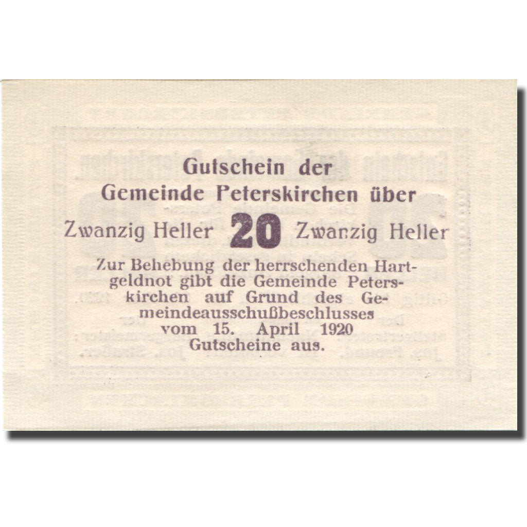 Billete, Austria, Peterskirchen, 20Heller, valeur faciale, 1920 SC Mehl:FS 736bB