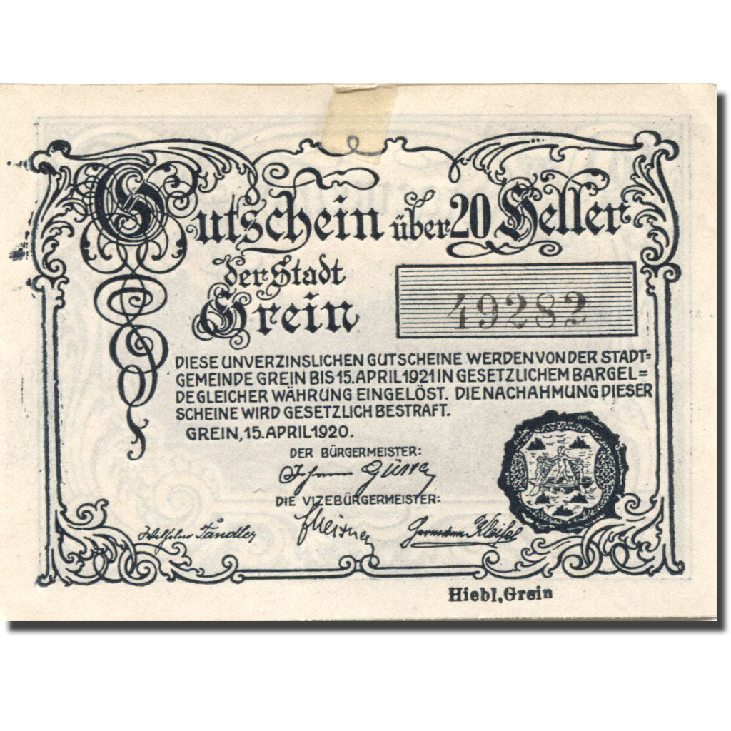 Biljet, Oostenrijk, Grein, 20 Heller, village 1920-12-31, SUP Mehl:FS 276IIIa