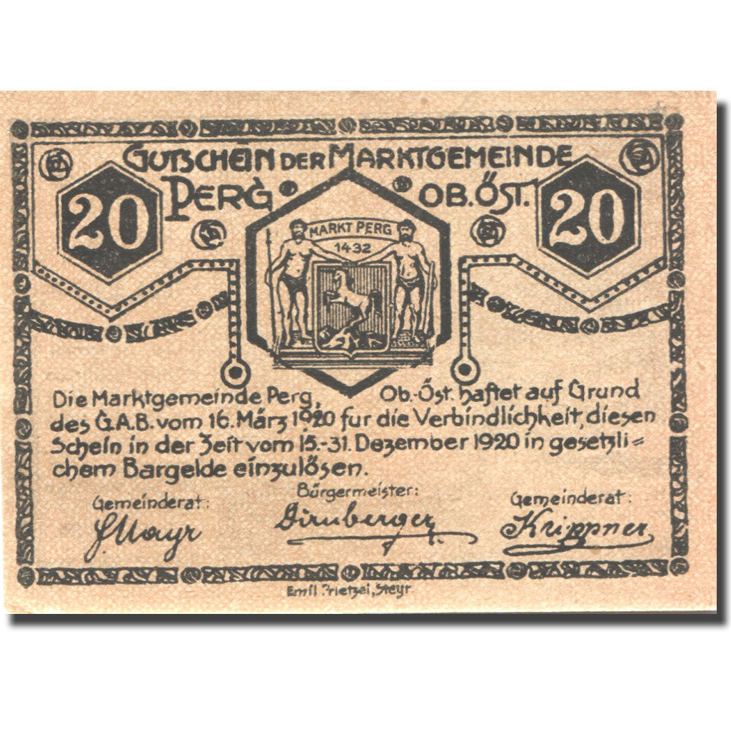 Geldschein, Österreich, Perg, 20 Heller, Usine 1920-12-31, UNZ- Mehl:FS 730I