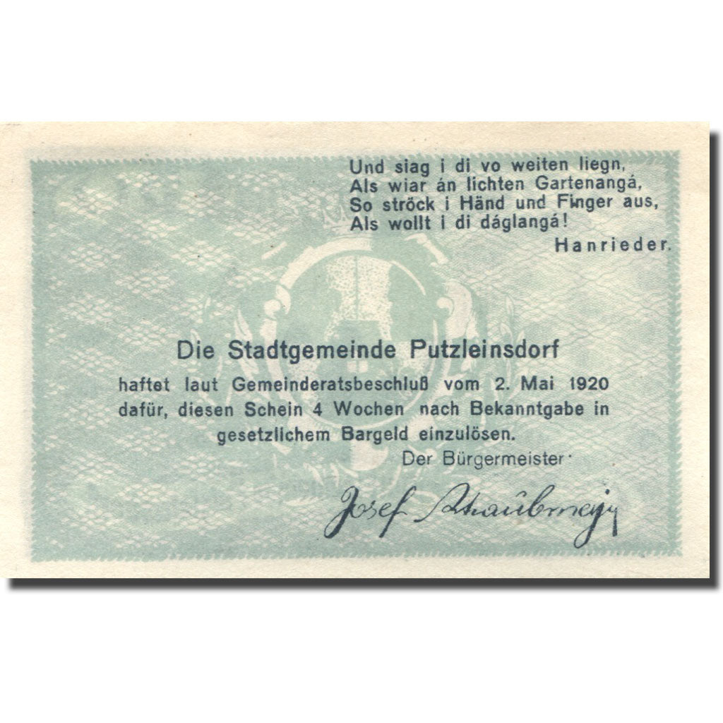 Banconote, Austria, Putzleinsdorf, 50 Heller, village, 1920 SPL Mehl:FS 804a